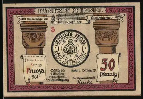 Notgeld Frose in Anhalt 1921, 50 Pfennig, Klosterkirche, im Mönchskloster, im Nonnenstift