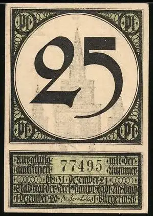 Notgeld Ansbach 1921, 25 Pfennig, Kirche und Wappen