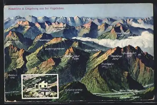 AK Hesshütte, Hütte und Umgebung aus der Vogelschau, Leobner Berg, Spiel-Hogel, Hochtor, Goldeck, Hotel Gesäuse