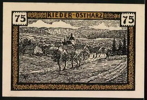 Notgeld Rieder-Ostharz 1921, 75 Pfennig, Ortsansicht mit einer Kirche