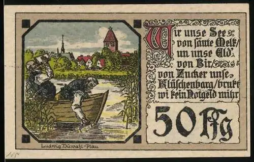 Notgeld Plau in Mecklenburg, 50 Pfennig, Männer schöpfen Wasser aus dem See