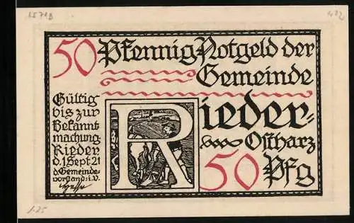 Notgeld Rieder-Ostharz 1921, 50 Pfennig, Andreas Küster erscheint mit 100 Mann in Ballenstedt