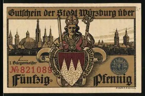 Notgeld Würzburg, 50 Pfennig, Ortsansicht und Rathaus