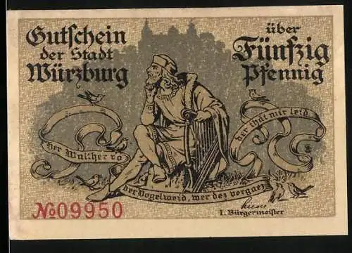 Notgeld Würzburg, 50 Pfennig, Wappen und Walther von der Vogelweide