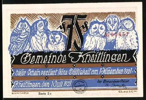 Notgeld Kneitlingen 1921,75 Pfennig, Eulenspiegel mit einem Karren Sand