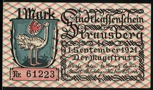 Notgeld Strausberg 1921, 1 Mark, Wappen mir Strauss, Familie beim Rudern