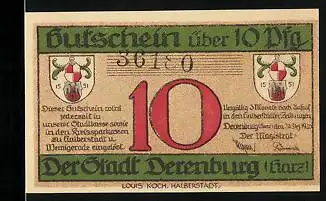 Notgeld Derenburg /Harz 1920, 10 Pfennig, Blick vom Eyrstein a. d. Harzberge, Wappen