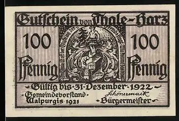 Notgeld Thale /Harz 1921, 100 Pfennig, Stadtwappen