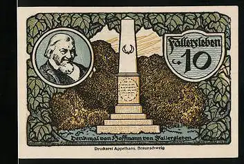 Notgeld Fallersleben 1920, 10 Pfennig, Denkmal von Hoffmann von Fallersleben