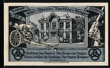 Notgeld Vaethen-Tangerhütte 1921, 25 Pfennig, Verwaltungsgebäude des Krupp`schen Schiessplatzes Tangerhütte