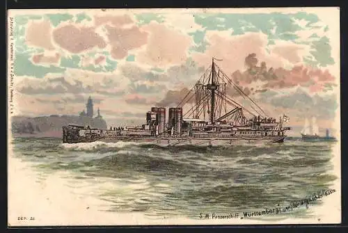 Lithographie Kriegsschiff S.M. Panzerschiff Württemberg an der englischen Küste