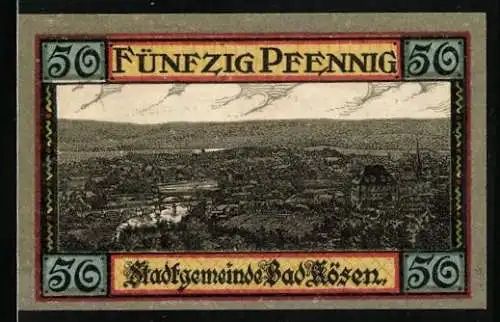 Notgeld Bad Kösen 1921, 50 Pfennig, Ortsansicht mit Brücke, Stadtwappen
