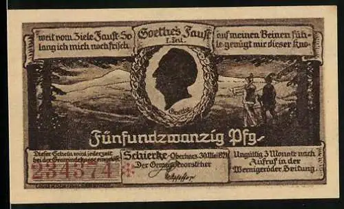 Notgeld Schierke i. Harz 1921, 25 Pfennig, Goethes Faust, Ansicht Dorfstrasse