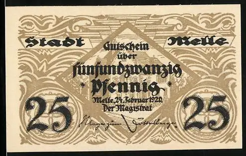 Notgeld Melle 1920, 25 Pfennig, Gebäudeansicht, Stadtsiegel