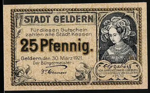 Notgeld Geldern 1921, 25 Pfennig, Elizabeth von Braunschweig-Lüneburg letzte Herzogin von Geldern