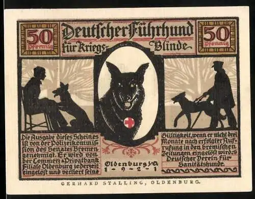 Notgeld Oldenburg 1921, 50 Pfennig, Führhund für Kriegsblinde, Ein aufmerksamer und hilfreicher Diener