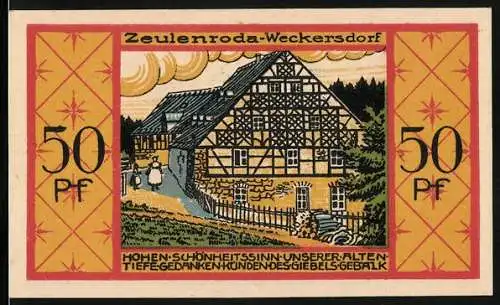 Notgeld Zeulenroda-Weckersdorf 1921, 50 Pfennig, Fachwerkhaus, Wappen