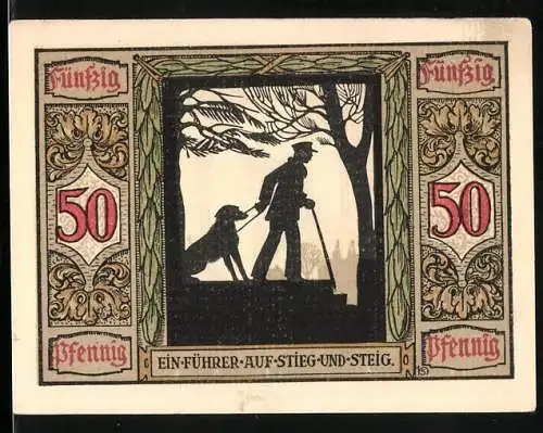 Notgeld Oldenburg 1921, 50 Pfennig, Führhund für Kriegsblinde auf Stieg und Steig