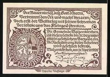 Notgeld Waizenkirchen 1920, 50 Heller, Ortspartie, Wappen