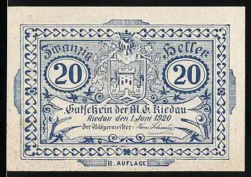 Notgeld Riedau 1920, 20 Heller, Wappen, Ornamente