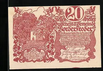 Notgeld Vorderstoder 1922, 20 Heller, Turm, Eichhörnchen, Ornamente