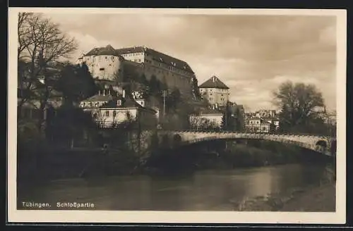 AK Tübingen, Schlosspartie m. Brücke am Fluss