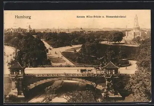 AK Hamburg-St.Pauli, Kersten-Miles-Brücke und Bismarck-Denkmal