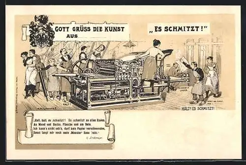 Lithographie Es schmitzt, Arbeiter an einer Papiermaschine