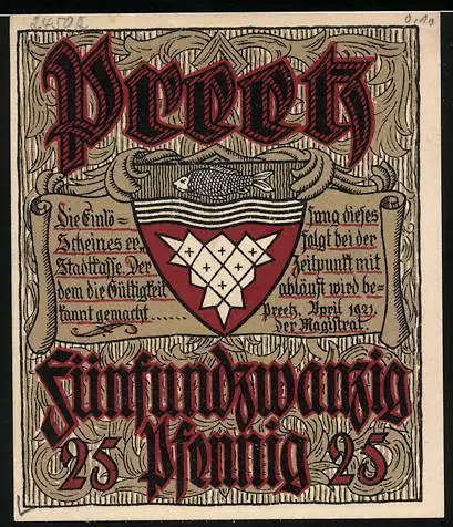 Notgeld Preetz 1921, 25 Pfennig, Wanderer auf Brücke, Wappen