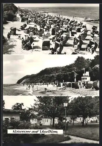 AK Koserow auf Usedom, belebte Strandpartien, Bungalows