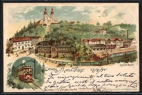 Lithographie Maria-Trost, Ortspartie mit Weizer`s Gasthof, Elektrische Bahn