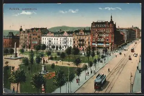 AK Plauen, Albertplatz und Strassenpartie mit Strassenbahn