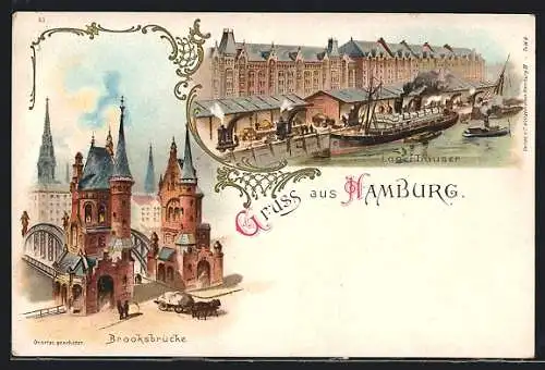 Lithographie Hamburg, Lagerhäuser und Brooksbrücke