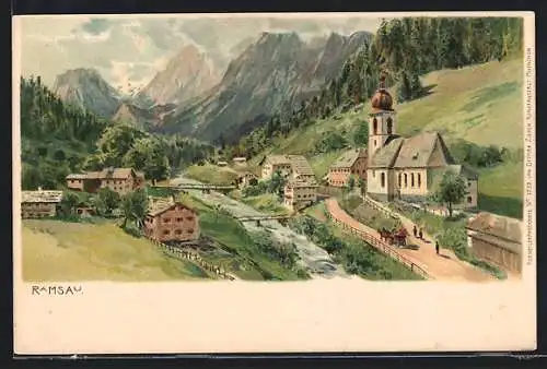 Künstler-AK Ramsau / bay. Alpen, Idylle an der Kirche