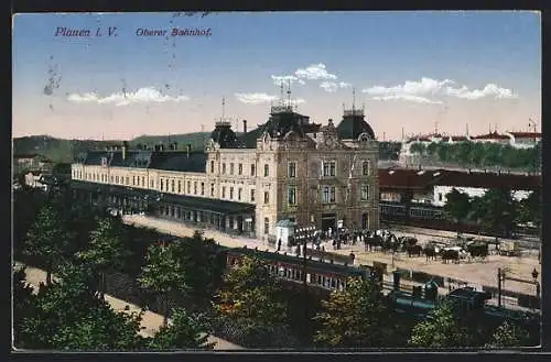 AK Plauen i. V., Oberer Bahnhof mit Kutschen