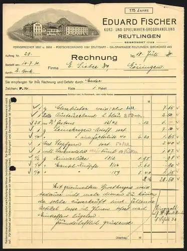 Rechnung Reutlingen 1930, Eduard Fischer, Kurz- & Spielwaren-Grosshandlung, Werkgelände an einem Berg