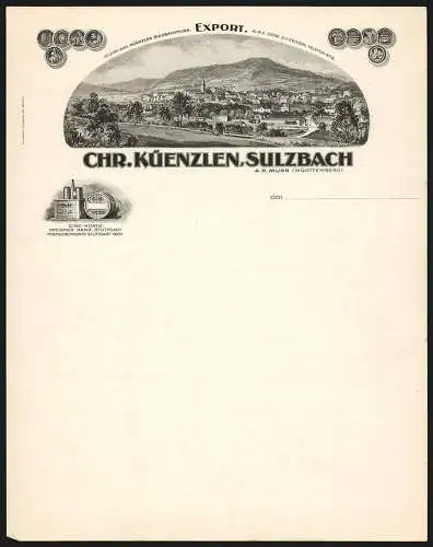 Rechnung Sulzbach a. d. Murr, Firma Chr. Küenzlen, Ortsansicht über Bahntrassen, Transportcontainer, Auszeichnungen