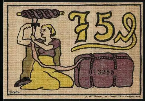 Notgeld Blumenthal i. H. 1921, 75 Pfennig, Hafenkrähne und Arbeiter, Arbeiterin beim Kämmen von Fasern