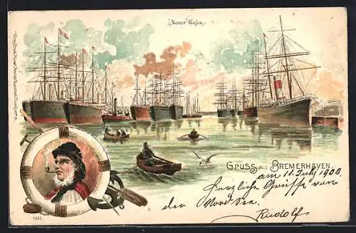 Lithographie Bremerhaven, Neuer Hafen, Fischer im Rettungsring