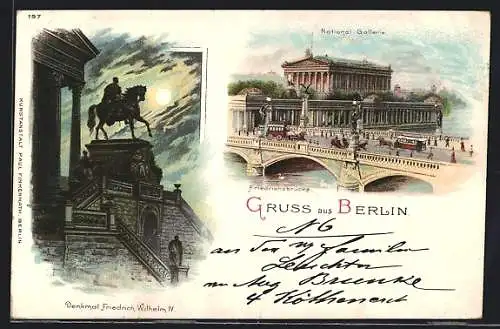 Lithographie Berlin, Denkmal Friedrich Wilhelm II, Friedrichsbrücke an der Nationalgalerie
