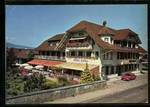 AK Steffisburg, Gasthof-Hotel Schützen H. Haueter-Wittwer, mit Strasse und Garten, rückseitig Lageplan