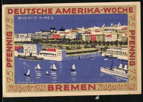 Notgeld Bremen 1923, 75 Pfennig, Deutsche Amerika-Woche, Hafenansicht von Buenos Aires