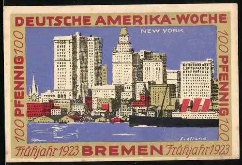 Notgeld Bremen 1923, 100 Pfennig, Deutsche Amerika-Woche, Hafenansicht von New York