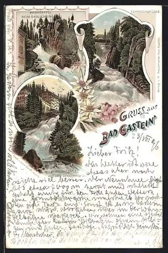 Lithographie Bad Gastein, Schreckbrücke, Wasserfall beim Badeschloss