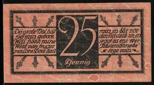 Notgeld Cleve 1920, 25 Pfennig, Parole in Plattdeutsch