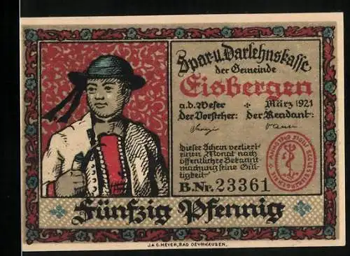 Notgeld Eisbergen a. d. Weser 1921, 50 Pfennig, Mann in Tracht, Ortspartie