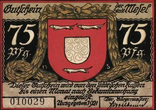 Notgeld Wesel 1921, 75 Pfennig, Todesurteil, Wappen