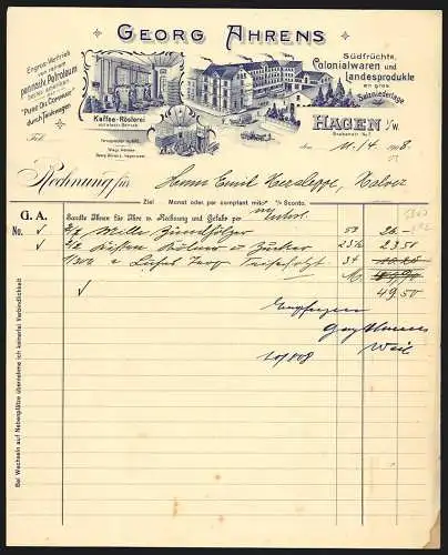 Rechnung Hagen i. W. 1908, Georg Ahrens, Colonialwaren & Landesprodukte, Betrieb, Kaffee-Rösterei, Lagerkeller