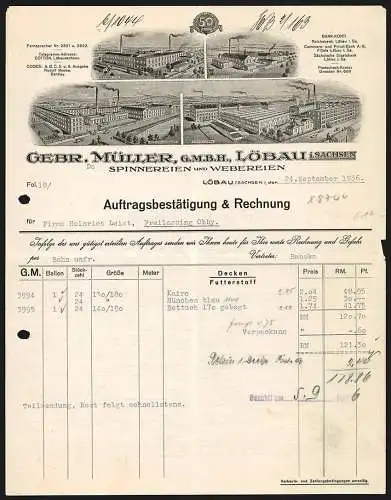 Rechnung Löbau 1936, Gebr. Müller GmbH, Spinnereien & Webereien, Werke in Löbau, Bellwitz und Leutersdorf