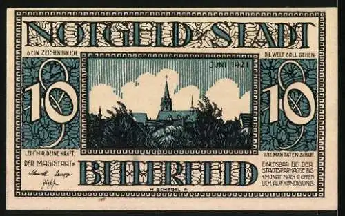 Notgeld Bitterfeld 1921, 10 Pfennig, Das alte Kornhaus, Blick zur Kirche